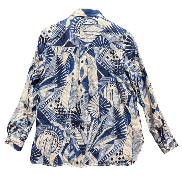 J McLaughlin Linen Small Abstract Print Button Up Shirt Top Blue White Floral - Picture 4 of 8